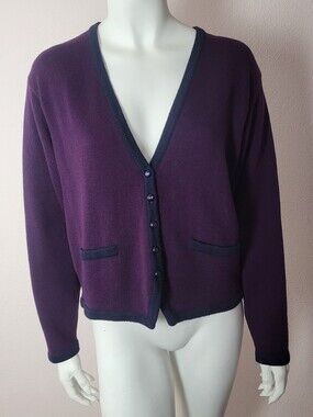 Vintage 80s90s Talbots 100% Merino Wool Tuxedo Cardigan Sweater Purple LargePrem